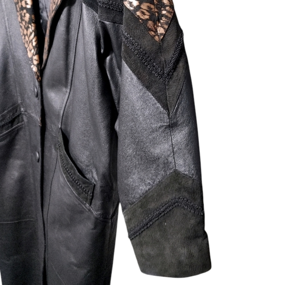 Vintage 80s JF J Ferrar Black Leopard Print Leather Suede Trench Coat Size Large - Picture 10 of 13